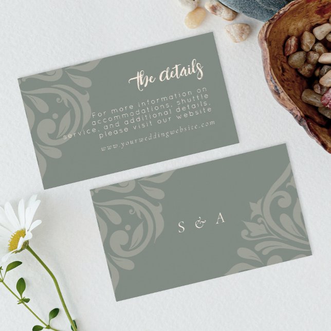 Earthy Olive Elegant Classic Damask Wedding Tilläggskort (Skapare uppladdad)