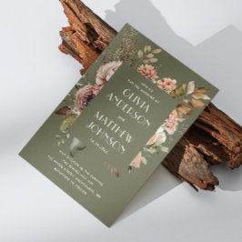 Earthy Olivgrön Bröllop | Boho Blommig QR-kod Inbjudningar
