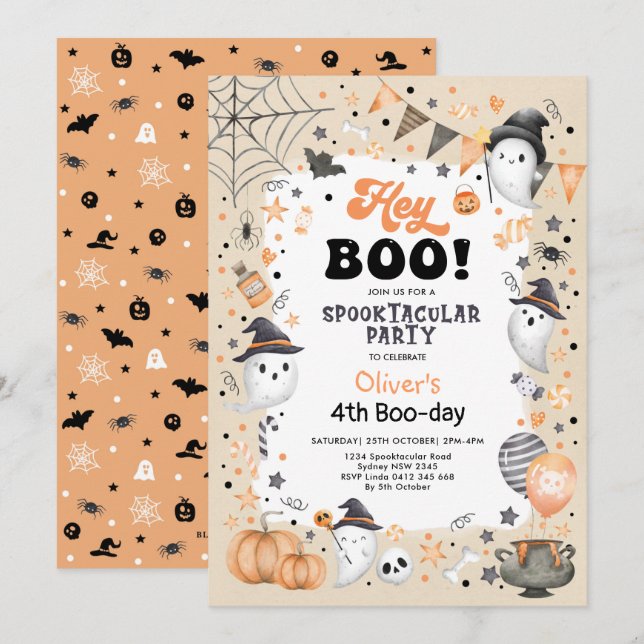 Earthy Orange Black Halloween Ghost Boy Birthday Inbjudningar (Fram/baksida)