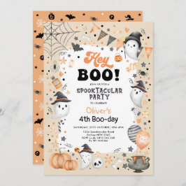 Earthy Orange Black Halloween Ghost Boy Birthday Inbjudningar