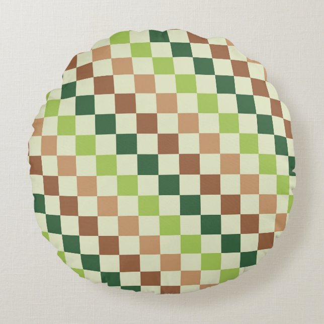 Earthy rainbow diagonal checkerboard pattern rund kudde (Framsidan)