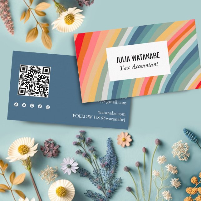 Earthy Rainbow Rand QR Code Social Media Chic Visitkort (Customize this business card with your QR code and social media icons. Add your own text too. )