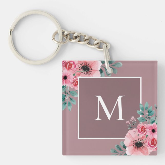 Earthy Rosa | Blommigt Photo Monogram-Nyckelring (Framsidan)