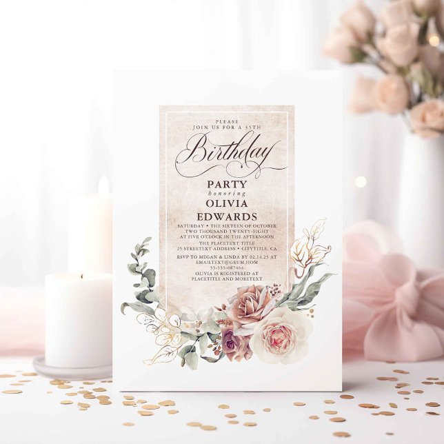 Earthy Shade Flowers Boho Elegant födelsedagsfest Inbjudningar (Floral Fall Birthday Invitations)