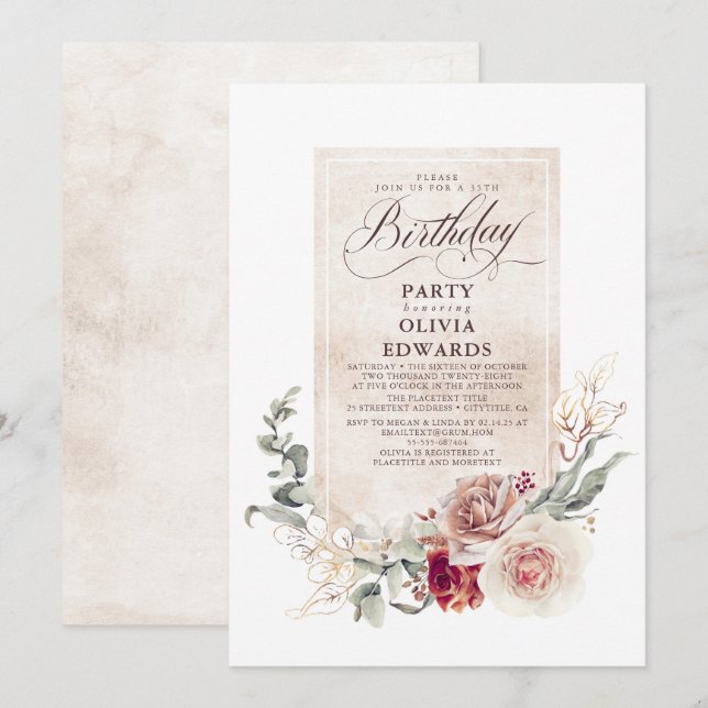 Earthy Shade Flowers Boho Elegant födelsedagsfest Inbjudningar (Fram/baksida)