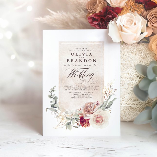 Earthy Shades Flowers Boho Elegant bröllop Inbjudningar (Earthy Flowers Elegant Wedding Invitation)