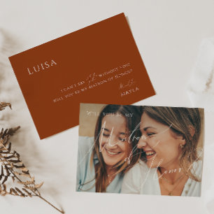 Earthy Terracotta Faded Foto Matron of Honor Card Inbjudningar