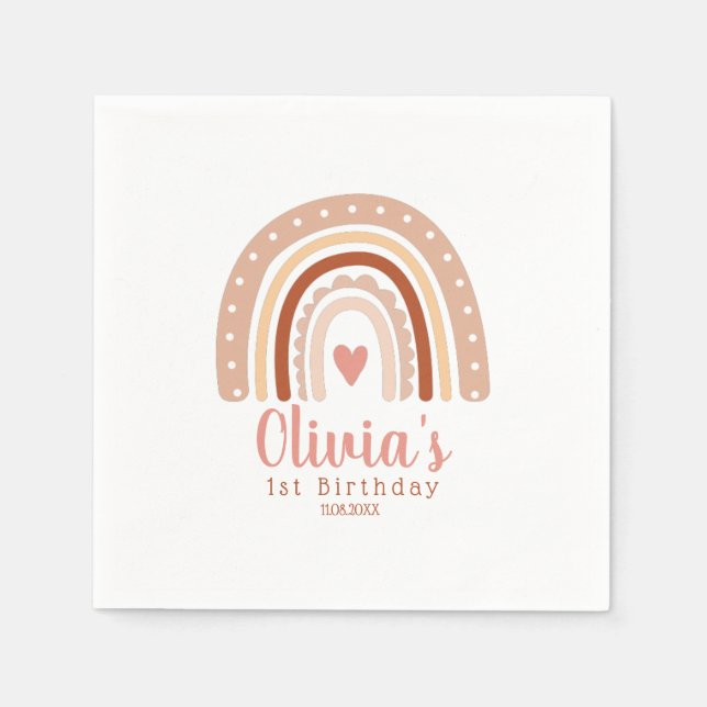 Earthy Tone Boho Rainbow Girl's First Birthday Pappersservett (Framsidan)