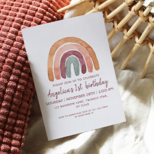 Earthy Tone Rainbow 1st Birthday Girl Inbjudningar