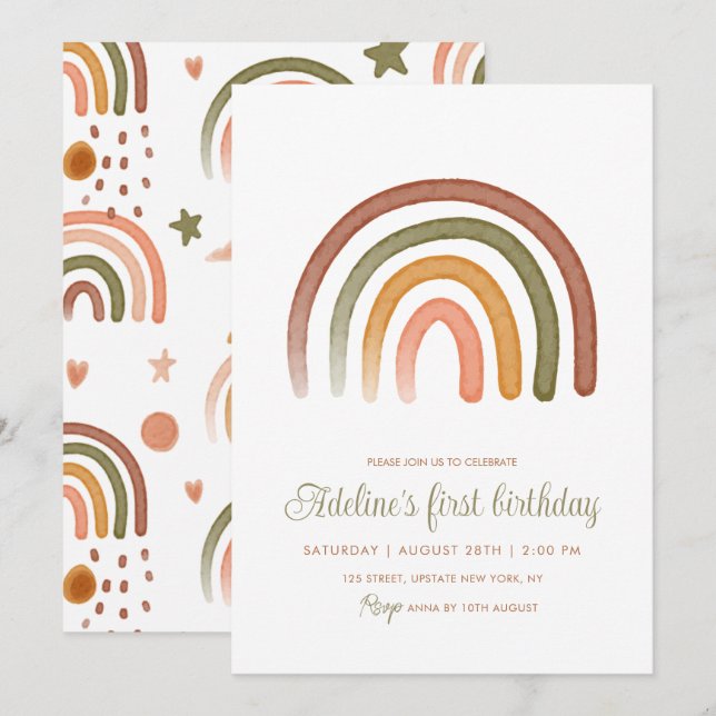 Earthy Tone Watercolor Rainbow Boho Birthday Inbjudningar (Fram/baksida)