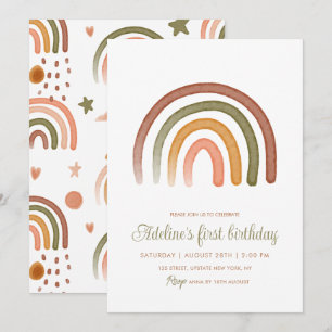 Earthy Tone Watercolor Rainbow Boho Birthday Inbjudningar