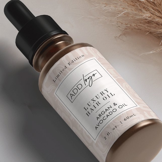 Earthy Tones Boho Pattern Logo 2OZ Dropper Bottle Fraktsedel (Elegant earthy beige tones custom logo cosmetic bottle wrap around label design )