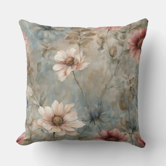 Earthy Warm Blue Blommigt Print Kudde (Framsida)