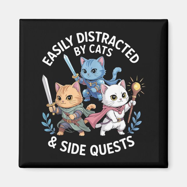 Easily Distracted By Cats &amp; Side Quests Funny  Magnet (Framsidan)
