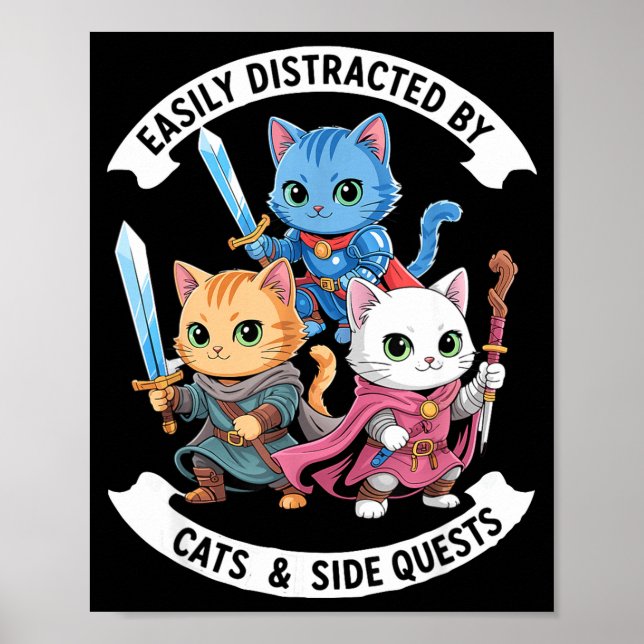 Easily Distracted By Cats &amp; Side Quests Funny  Poster (Framsidan)