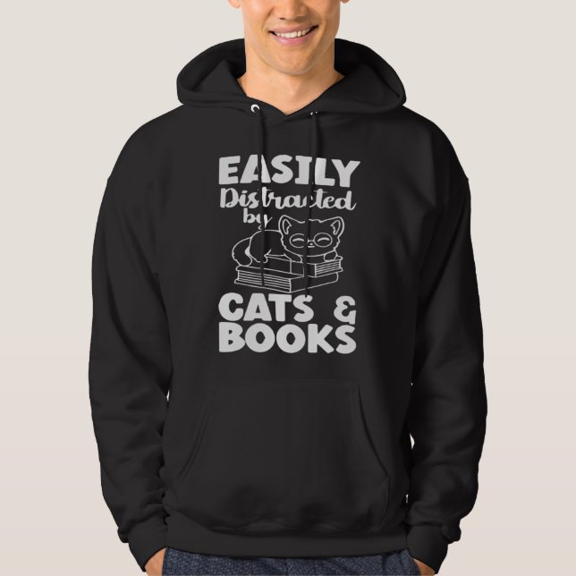 Easily Distracted By Cats And Books Cat  Bookworm Hoodie (Framsida)