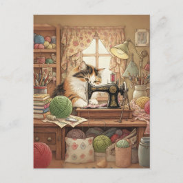 Easily Distracted By Cats And Sewing - Cat Sewing Vykort