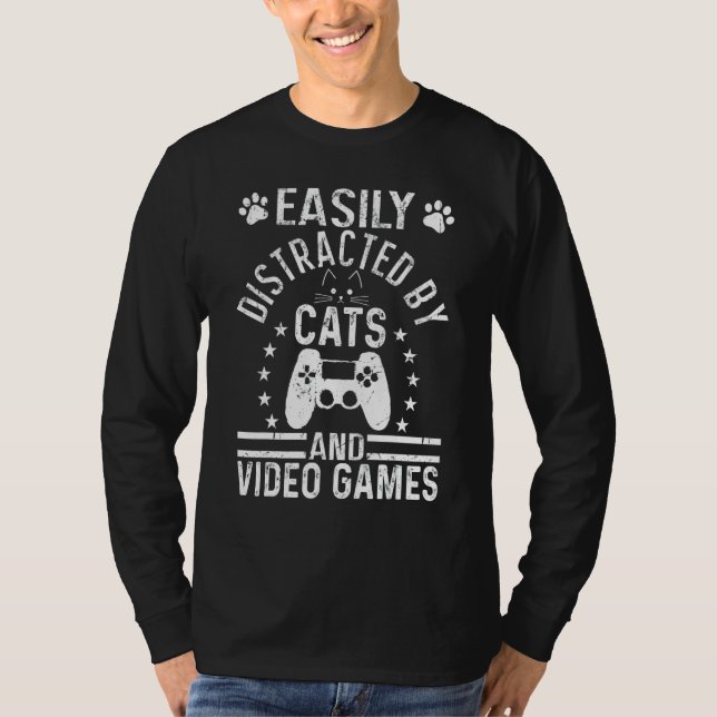 Easily Distracted By Cats And Video Games  Cats T Shirt (Framsida)