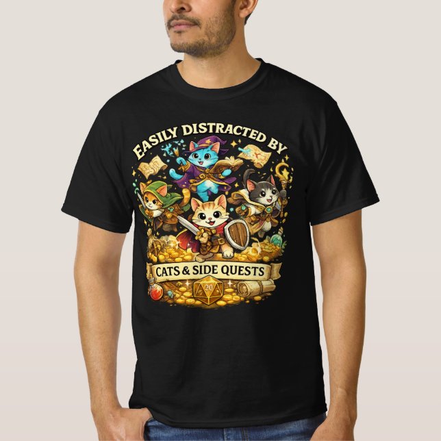 Easily Distracted by Cats & Side Quests Funny RPG  T Shirt (Framsida)