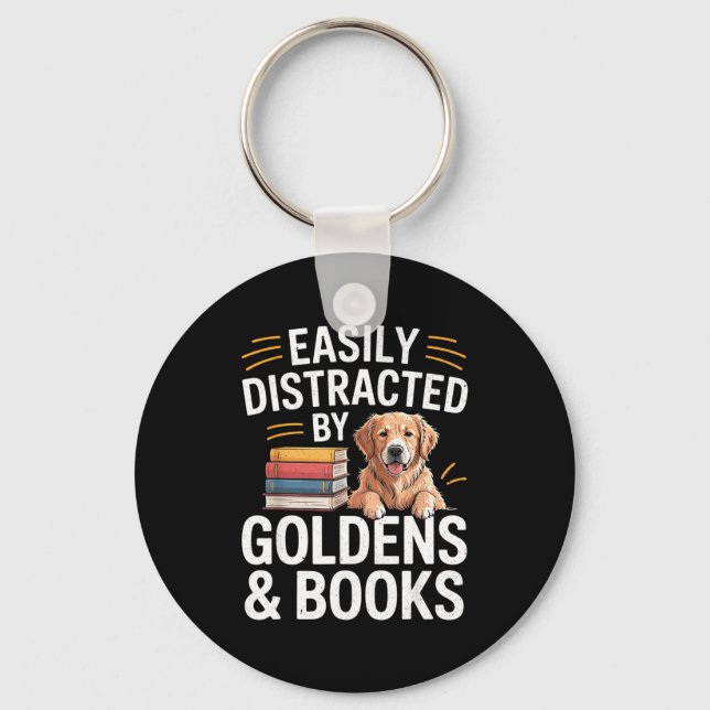 Easily Distracted By Goldens &amp; Books - Golden  Nyckelring (Framsida)