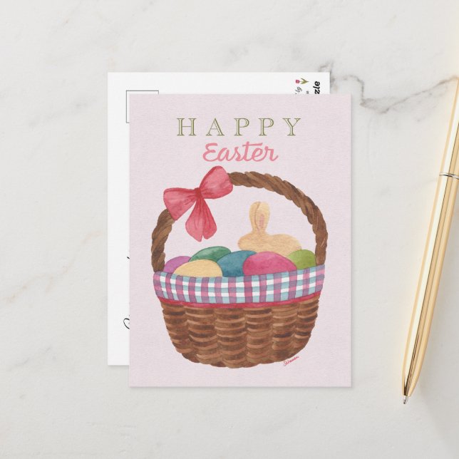 Easter Basket Greeting Card- Golden Bunny and Eggs Vykort (Fram/Back In Situ)