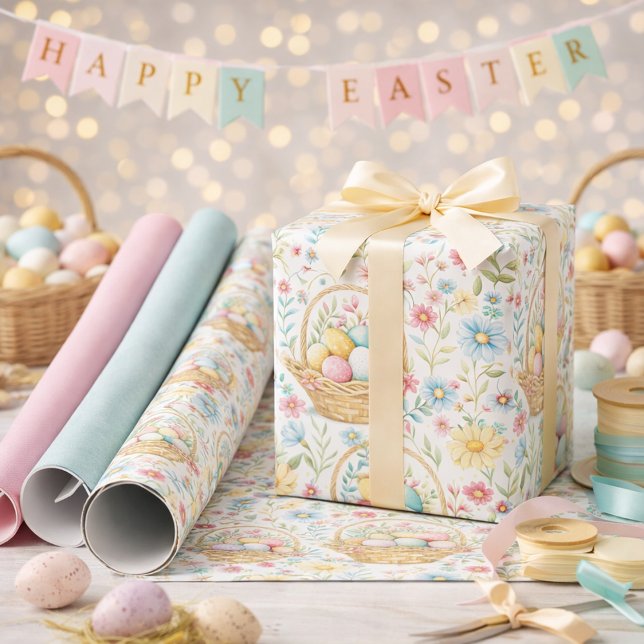 Easter Basket & Spring Floral Pattern Presentpapper (Skapare uppladdad)