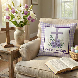 Easter Blessings Cross with Flowers Purple Gingham Kudde
