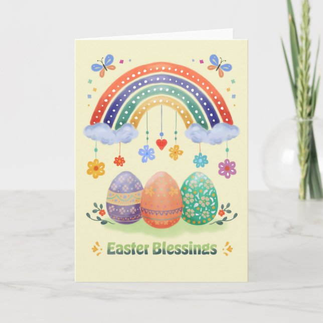 Easter Blessings Watercolor Rainbow Floral Easter Kort (Framsida)