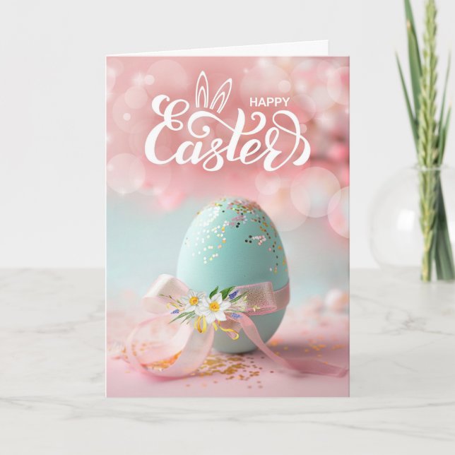 Easter Blue Easter Egg with Ribbon and Daffodils Helgkort (Framsida)