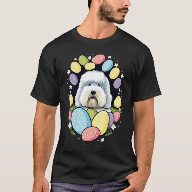 Easter Bobtail Bunny Eggs Dog on Easter Old Englis T Shirt (Framsida)