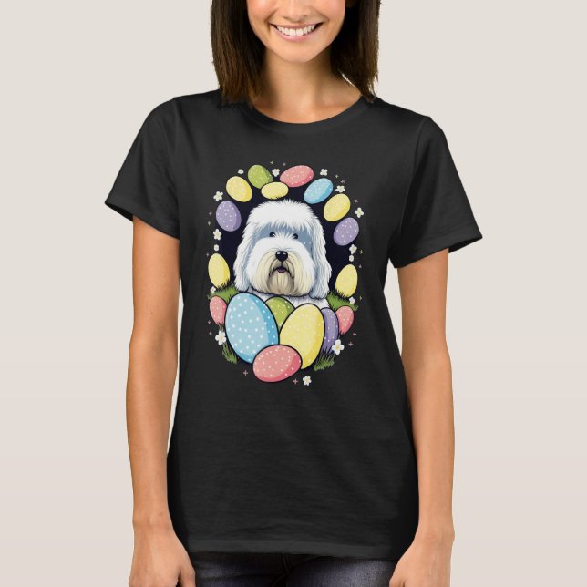 Easter Bobtail Bunny Eggs Dog on Easter Old Englis T Shirt (Framsida)