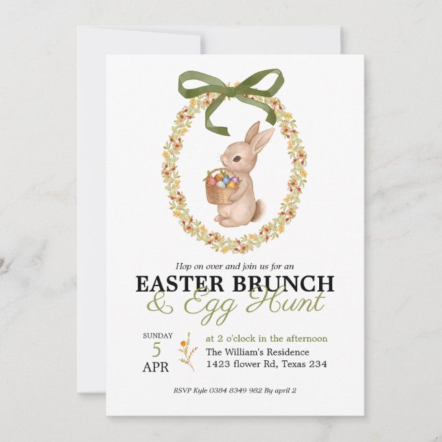 Easter Brunch and Egg Hunt Bunny Floral Invitation Inbjudningar (Framsida)