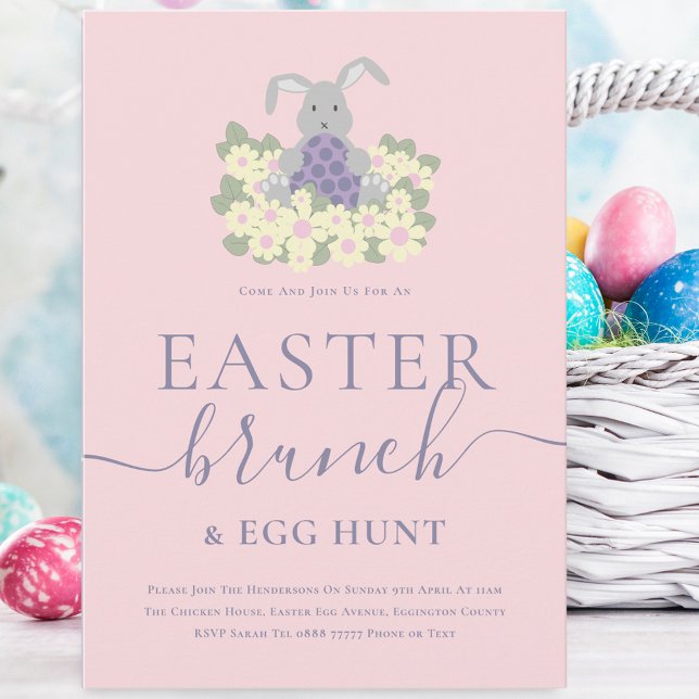 Easter Brunch and Egg Hunt Cute Bunny Pink Inbjudningar (Cute easter bunny egg hunt and brunch spring party pink invitation whimsical elegant modern script)