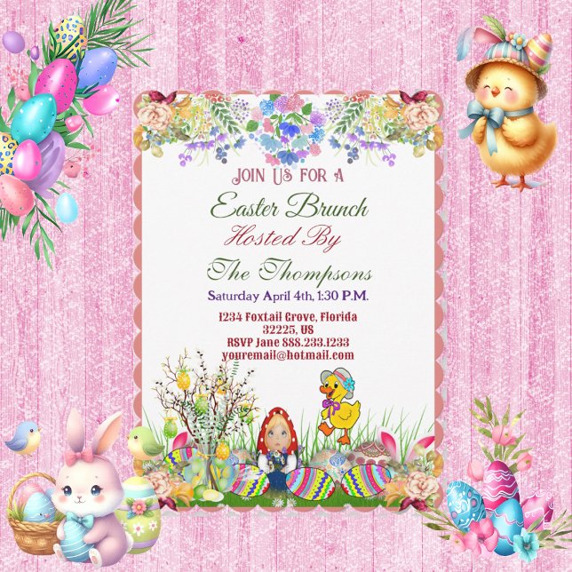 Easter Brunch Decorative Egg Doll Chick Tree Flora Inbjudningar (Easter Brunch Decorative Egg Doll Chick Tree Flora Invitation)