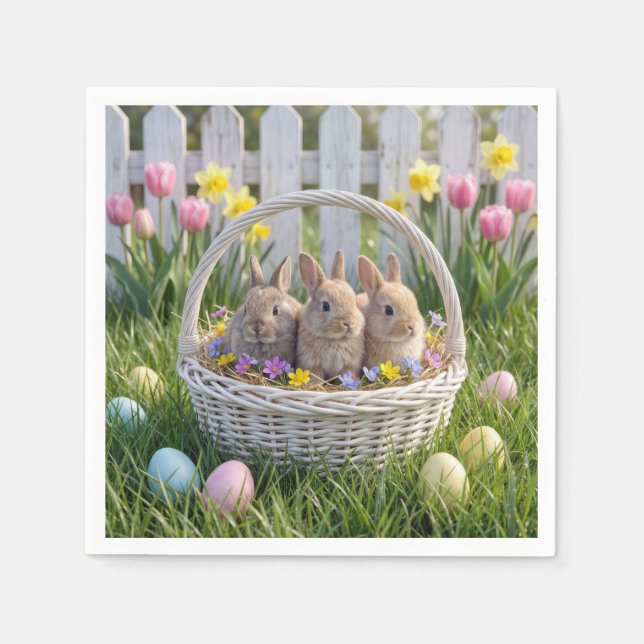 Easter Bunnies In a Wicker Basket on Grass Pappersservett (Framsidan)