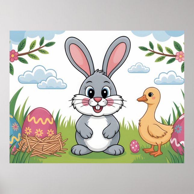 Easter Bunny and Duckling in Spring Meadow Poster (Framsidan)