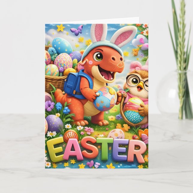 Easter bunny and owl cute spring holiday kort (Framsida)
