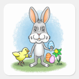 Easter bunny and the yellow chicken fyrkantigt klistermärke
