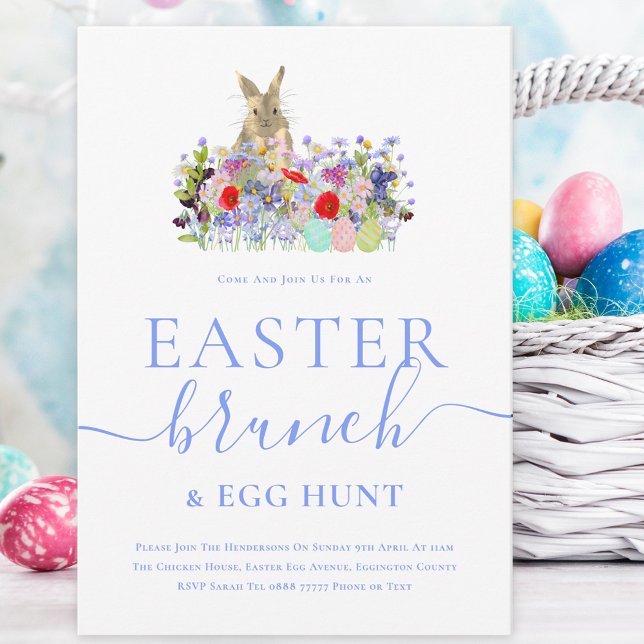 Easter Bunny and Wildflowers Egg Hunt and Brunch Inbjudningar (Easter brunch and egg hunt watercolor cute bunny wildflowers and eggs spring party invitation )