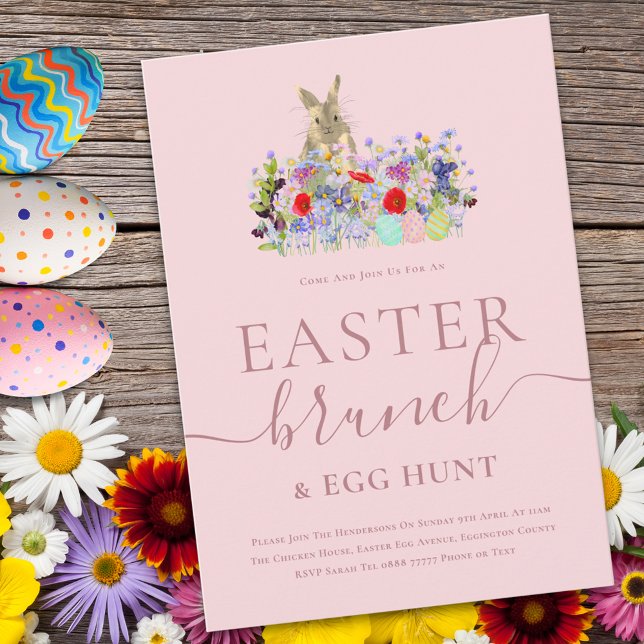 Easter Bunny and Wildflowers Egg Hunt and Brunch Inbjudningar (Easter brunch and egg hunt cute bunny watercolor wildflower spring party pink invitation )