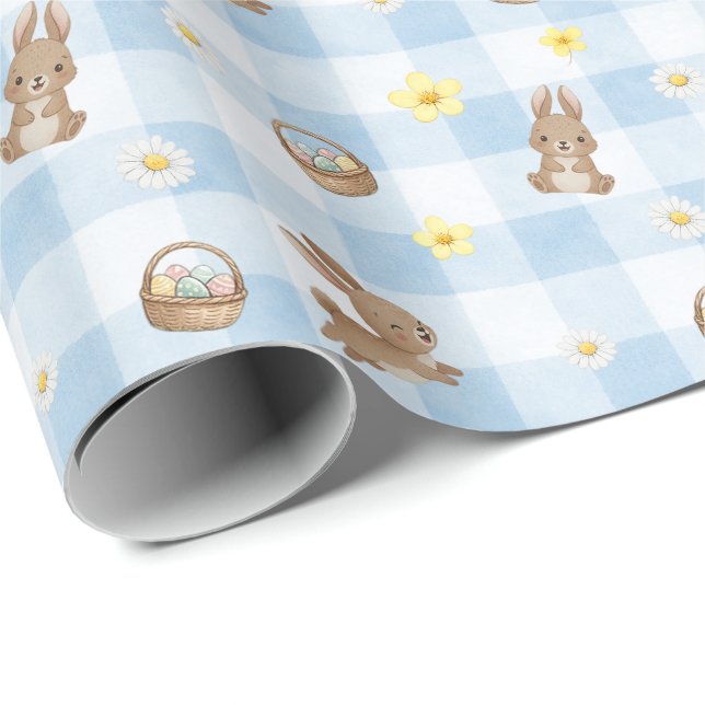 Easter Bunny Blue Gingham Wrapping Paper Presentpapper (Rullad Hörn)