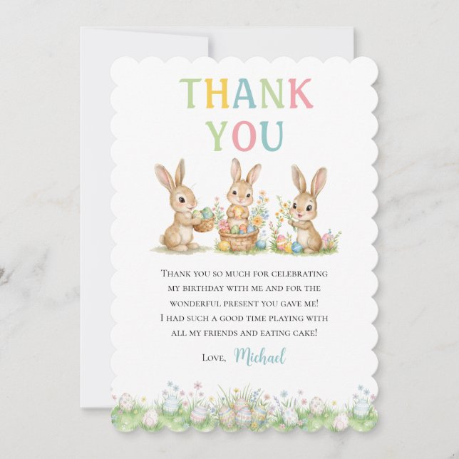 Easter Bunny Boy First Birthday Thank You Card Tack Kort (Framsida)