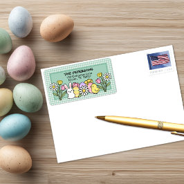 Easter Bunny Chick Eggs Flowers Green Gingham Adressetikett