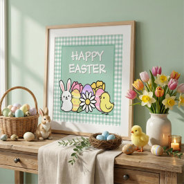 Easter Bunny Chick Eggs Green Gingham Fototryck