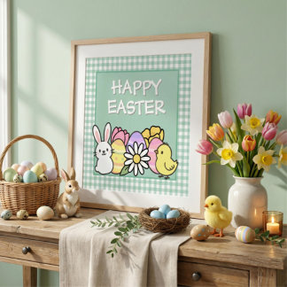 Easter Bunny Chick Eggs Green Gingham Fototryck