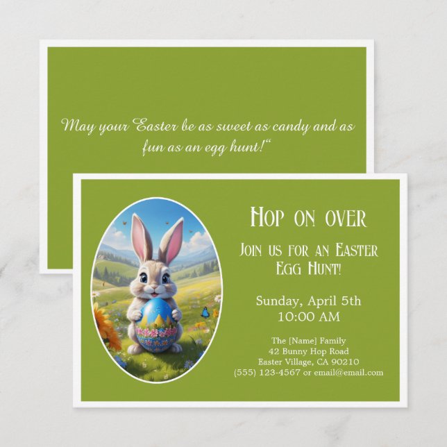 Easter bunny | Egg Hunt  | Hop on over | green -  Inbjudningar (Fram/baksida)