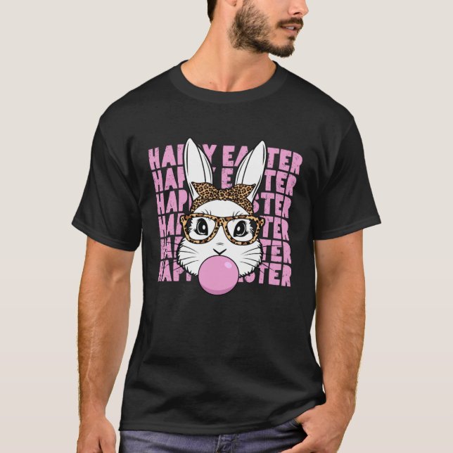 Easter Bunny Face Glasses Leopard Happy Easter Day T Shirt (Framsida)
