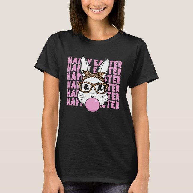 Easter Bunny Face Glasses Leopard Happy Easter Day T Shirt (Framsida)