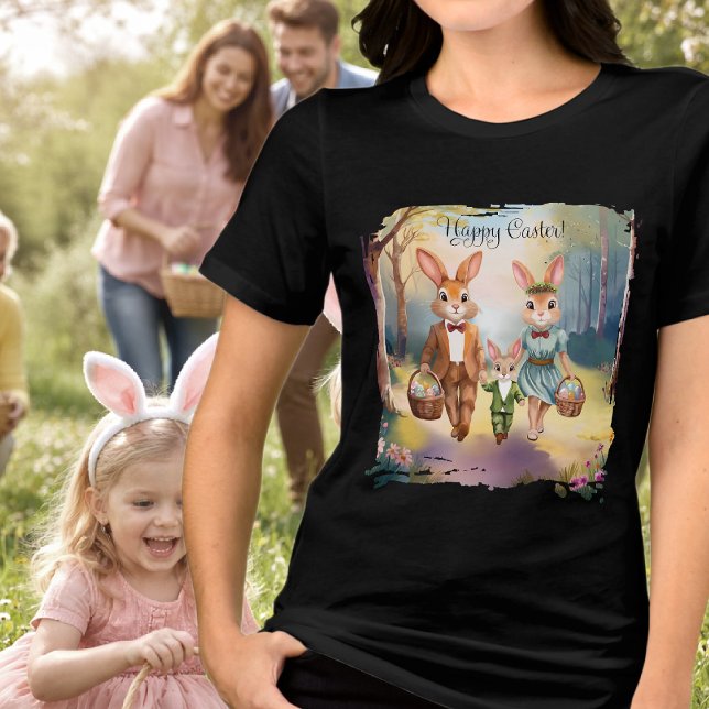 Easter Bunny Family Chasing Eggs - Watercolor T Shirt (Skapare uppladdad)