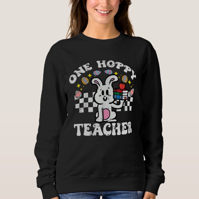 Easter Bunny One Hoppy Teacher Retro Rabbit Groovy T Shirt (Framsida)